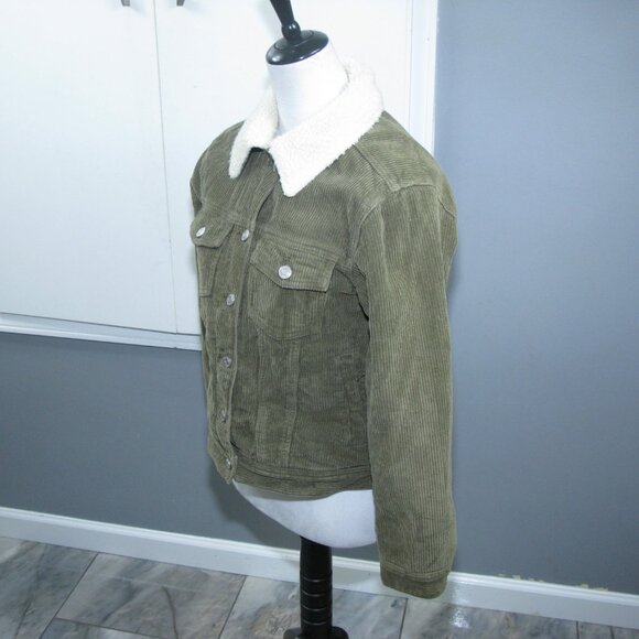 PacSun Army Green Corduroy Sherpa Lined Trucker Jacket Faux Fur Oversized Small - Picture 4 of 6